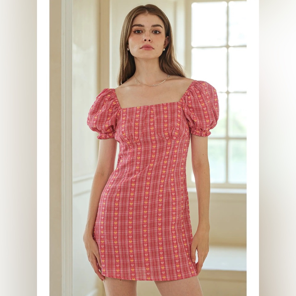 Rosie Posie Pink Yellow Heart-Patterned Plaid Puff Sleeve Dress NWT size medium - Picture 2 of 4